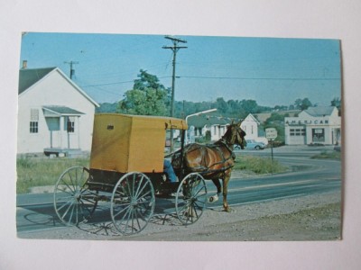 Carte postala necirculata cu trasura(pentru 2 persoane)/buggy Amish din anii 70 foto