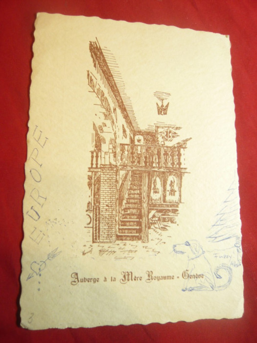 Ilustrata- Gravura- Auberge a la mer Royaume Geneve -reclama Ziua Foametei 1952