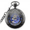 Ceas de buzunar negru cu albastru skeleton cu lant Mecanic Vintage