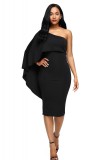Rochie Neagra Conica pe Un Umar cu Volan Tip Capa, Eleganta de Seara/Cocktail, Midi, Fermoar Lateral