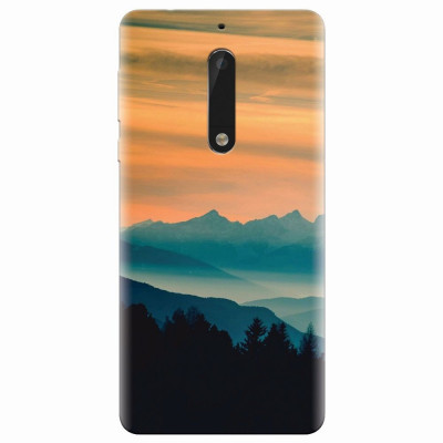 Husa silicon pentru Nokia 5, Blue Mountains Orange Clouds Sunset Landscape foto