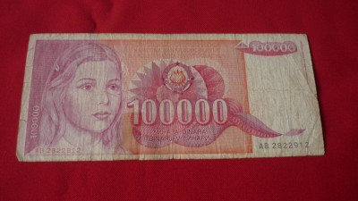 BANCNOTA 100000 DINARI 1989 foto