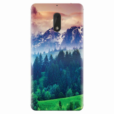 Husa silicon pentru Nokia 6, Forest Hills Snowy Mountains And Sunset Clouds foto