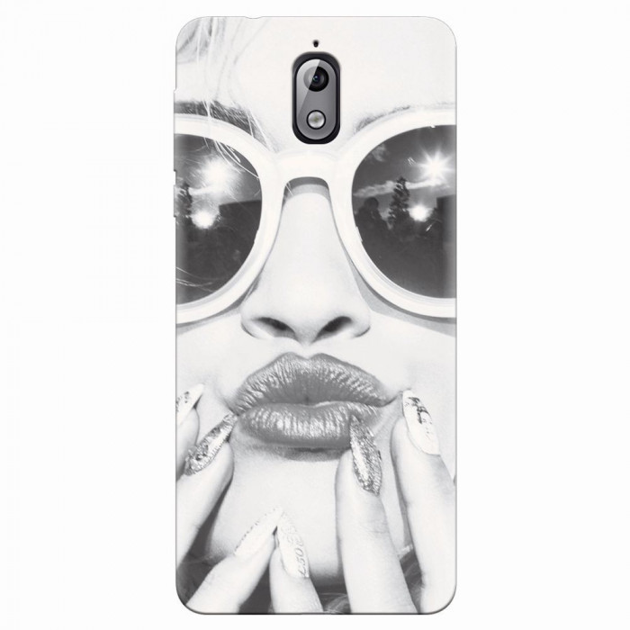 Husa silicon pentru Nokia 3.1, Black And White Portrait Blonde Model In Fashion Sunglasses