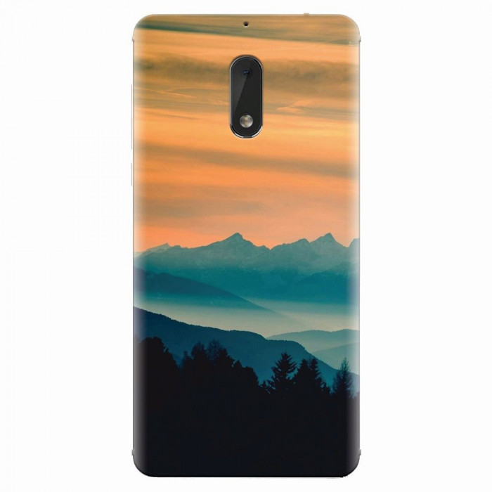 Husa silicon pentru Nokia 6, Blue Mountains Orange Clouds Sunset Landscape