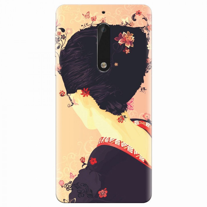Husa silicon pentru Nokia 5, Japanese Geisha Illustration Cherry Blossom
