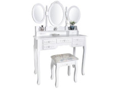 Set masa, masuta toaleta pentru machiaj cu 3 oglinzi reglabile, 7 sertare + scaun, dimensiuni 90x146x40cm, culoare Alb foto