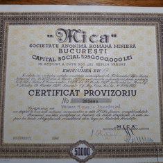 ACTIUNI MINIERE "MICA" - SOCIETATE ANONIMA - 50000 LEI - 1946 - CERTIF . PROVIZ.