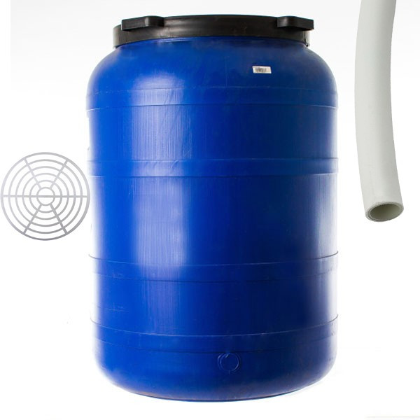 Butoi 150L rotund din plastic alimentar + presa muraturi 45cm + teava