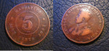 Mauritius _ 5 cents 1923_ regele George V . moneda din bronz , rara, Africa