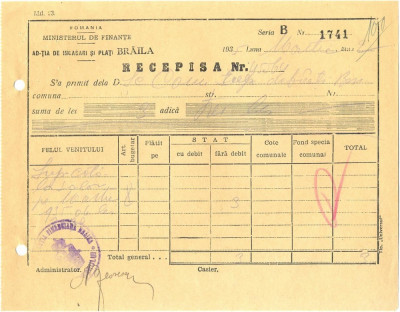 Z396 DOCUMENT VECHI-RECEPISA SCOALA COMERCIALA ELEMENTARA DE BAIETI, BRAILA 1935 foto