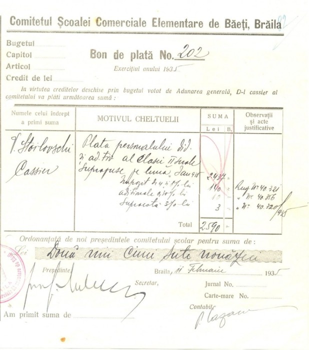 Z377 DOCUMENT VECHI-COMITETUL SCOALEI COMERCIALE ELEMENTARE DE BAIETI, BRAILA