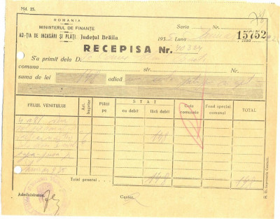 Z369 DOCUMENT VECHI-RECEPISA SCOALA COMERCIALA ELEMENTARA DE BAIETI, BRAILA 1935 foto