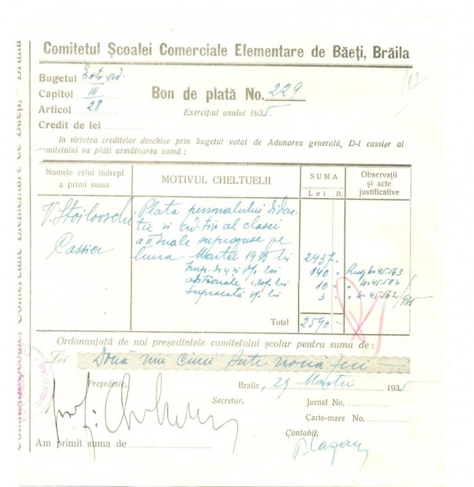 Z367 DOCUMENT VECHI-COMITETUL SCOALEI COMERCIALE ELEMENTARE DE BAIETI, BRAILA