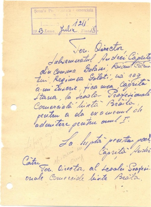 Z388 DOCUMENT VECHI- CERERE INSCRIERE SCOALA PROFESIONALA- CAPRITA, BRAILA 1953