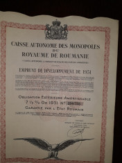 Obligatiune Casa Monopolurilor Romania 1931 ,1000 franci , 17 cupoane foto