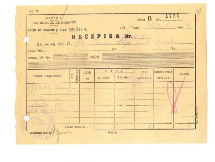 Z395 DOCUMENT VECHI-RECEPISA SCOALA COMERCIALA ELEMENTARA DE BAIETI, BRAILA 1935