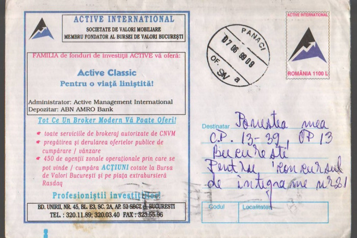 IP 10074 INTREG POSTAL - SOCIETATE DE VALORI MOBILIARE, ACTIVE CLASIC, 1999