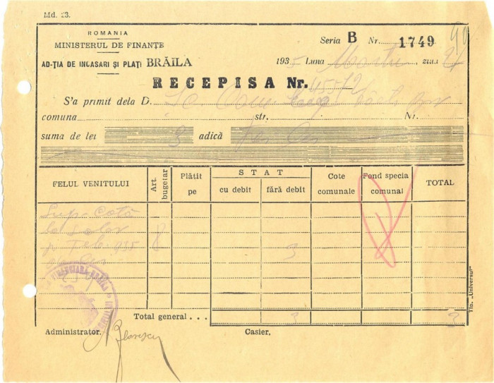 Z389 DOCUMENT VECHI-RECEPISA SCOALA COMERCIALA ELEMENTARA DE BAIETI, BRAILA 1935