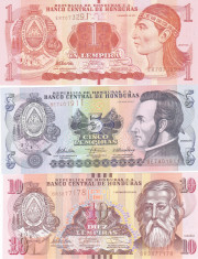 Bancnota Honduras 1, 5 si 10 Lempiras 2010-12 - P86-96 UNC ( set x3 ) foto