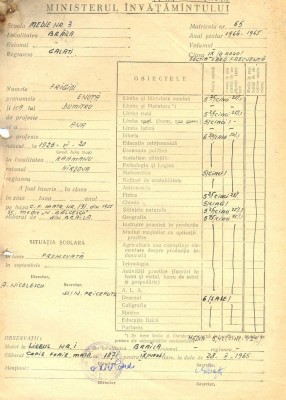 Z379 DOCUMENT VECHI-MINISTERUL INVATAMANTULUI -SCOALA MEDIE NR.3, BRAILA 1965 foto