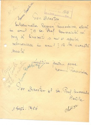 Z393 DOCUMENT VECHI- CERERE INSCRIERE SCOALA PROFESIONALA COMERCIALA BRAILA 1954 foto