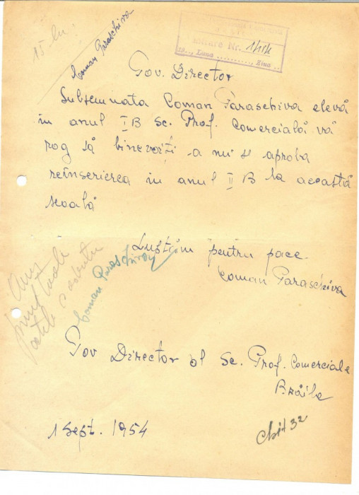 Z393 DOCUMENT VECHI- CERERE INSCRIERE SCOALA PROFESIONALA COMERCIALA BRAILA 1954