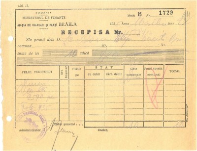 Z397 DOCUMENT VECHI-RECEPISA SCOALA COMERCIALA ELEMENTARA DE BAIETI, BRAILA 1935 foto