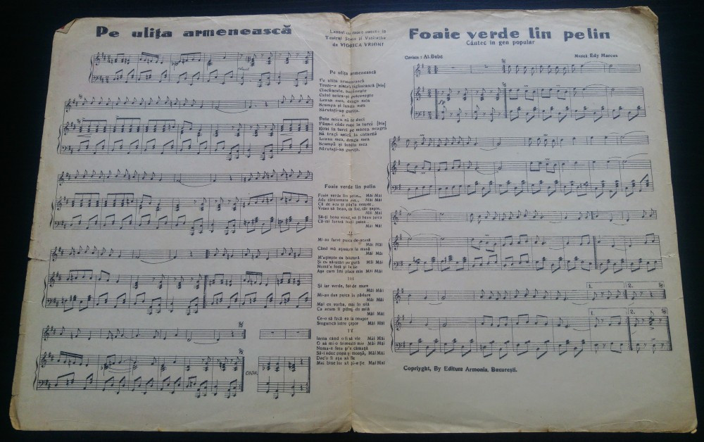 Pe ultima armeneasca + Foaie verde lin pelin/ melodii populare/ partitura |  arhiva Okazii.ro