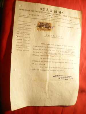 Certificat cu Antet SARMA - Ind.taierea sarmei ,tablei- Traian Gamber 1945 foto