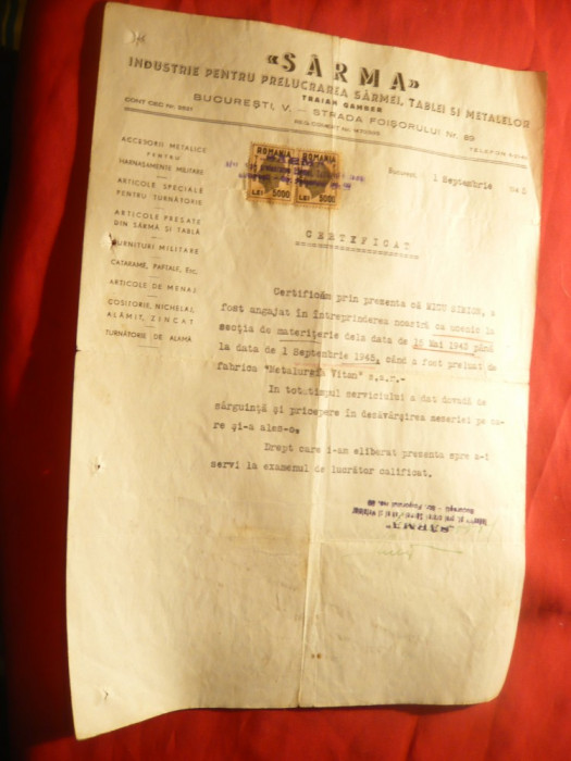 Certificat cu Antet SARMA - Ind.taierea sarmei ,tablei- Traian Gamber 1945