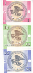 Bancnota Kyrgyzstan 1, 10 si 50 Tyiyn (1993) - P1-3 UNC ( set complet ) foto