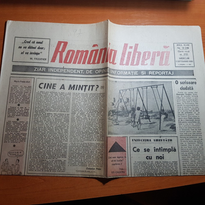 ziarul romania libera 5 septembrie 1990-art.&quot;cine a mintit ?&quot; de octavian paler