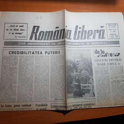 ziarul romania libera 11 iulie 1990-greva de la conbinatul de hartie letea bacau foto