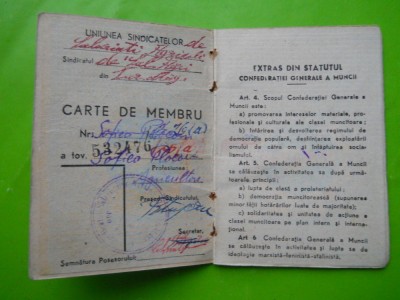 HOPCT CARNET DE MEMBRU SOFICA PLOCON FSM CONFEDERATIA GENERALA A MUNCII RPR - foto