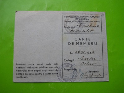 HOPCT CARNET DE MEMBRU MAXIM OCTAV UNIUNEA SINDICATELOR SALARIATILOR PUBLICI1947 foto
