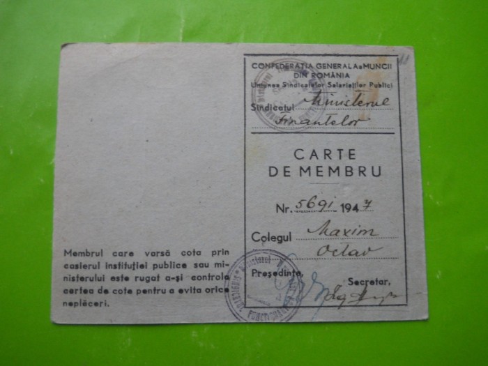 HOPCT CARNET DE MEMBRU MAXIM OCTAV UNIUNEA SINDICATELOR SALARIATILOR PUBLICI1947