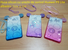 Husa silicon cu urechi de soricel Huawei P9 Lite albastru mov si roz foto