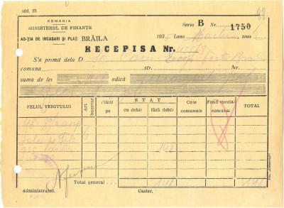 Z408 DOCUMENT VECHI-RECEPISA SCOALA COMERCIALA ELEMENTARA DE BAIETI, BRAILA 1935 foto