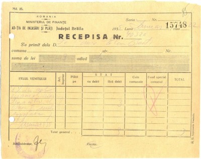 Z407 DOCUMENT VECHI-RECEPISA SCOALA COMERCIALA ELEMENTARA DE BAIETI, BRAILA 1935 foto