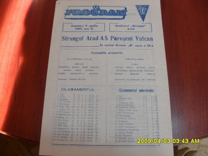 program Strungul Arad - AS Paroseni Vulcan