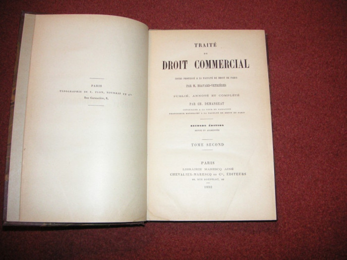 Traite De Droit Commercial - M. Bravard-Veyrieres -1890 - Vol. 1,2 si 6