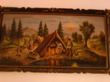 Tablou vechi, reprezinta o familie de tigani pe malul apei, Natura, Acuarela, Realism