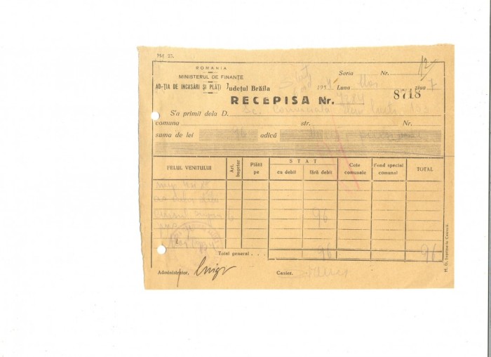 Z416 DOCUMENT VECHI-RECEPISA SCOALA COMERCIALA ELEMENTARA DE BAIETI, BRAILA 1934