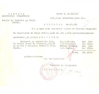 Z427 DOCUMENT VECHI-RECEPISA-SCOALA COMERCIALA SUPERIOARA DE BAIETI, BRAILA 1934 foto