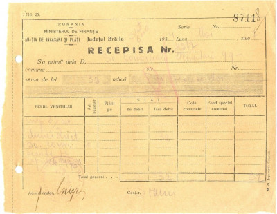 Z417 DOCUMENT VECHI-RECEPISA SCOALA COMERCIALA ELEMENTARA DE BAIETI, BRAILA 1934 foto