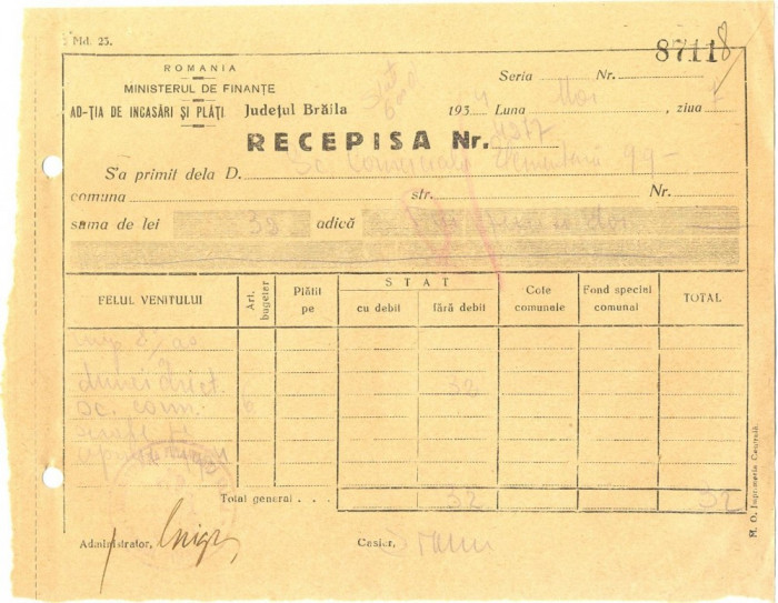 Z417 DOCUMENT VECHI-RECEPISA SCOALA COMERCIALA ELEMENTARA DE BAIETI, BRAILA 1934