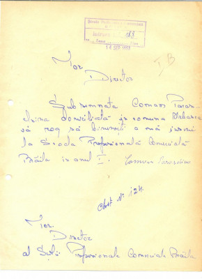 Z401 DOCUMENT VECHI- CERERE INSCRIERE SCOALA PROFESIONALA COMERCIALA -BRAILA1953 foto