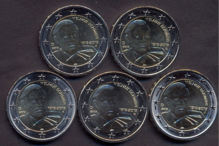 monede GERMANIA 2018, 5x2 euro comemorative (ADFGJ) Helmut Schmidt - UNC