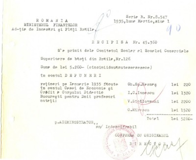 Z429 DOCUMENT VECHI-RECEPISA-SCOALA COMERCIALA SUPERIOARA DE BAIETI, BRAILA 1935 foto